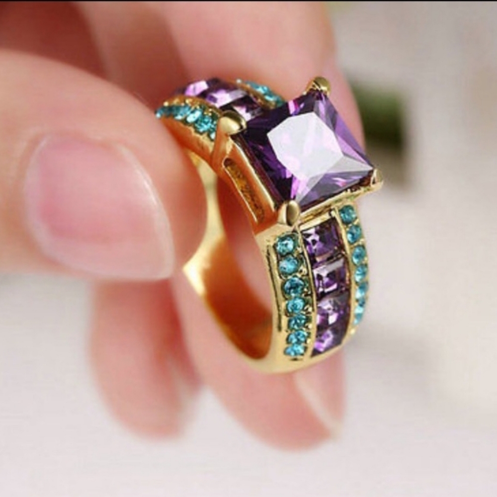 Turkish 18 K yellow filled gold purple amethyst stone ring size 8 - Picture 9 of 11